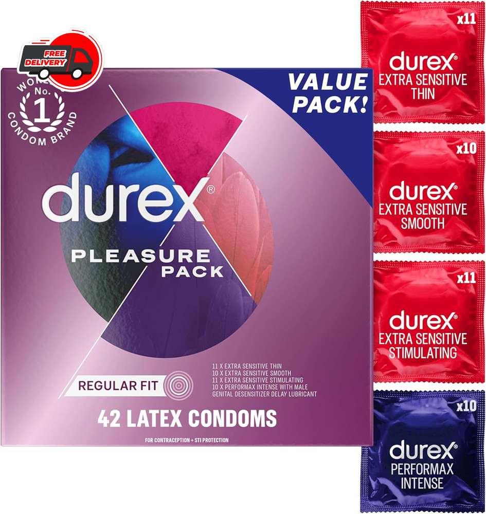 Durex Pleasure Pack Assorted Condoms 42 Count Lubricated Regular Fit