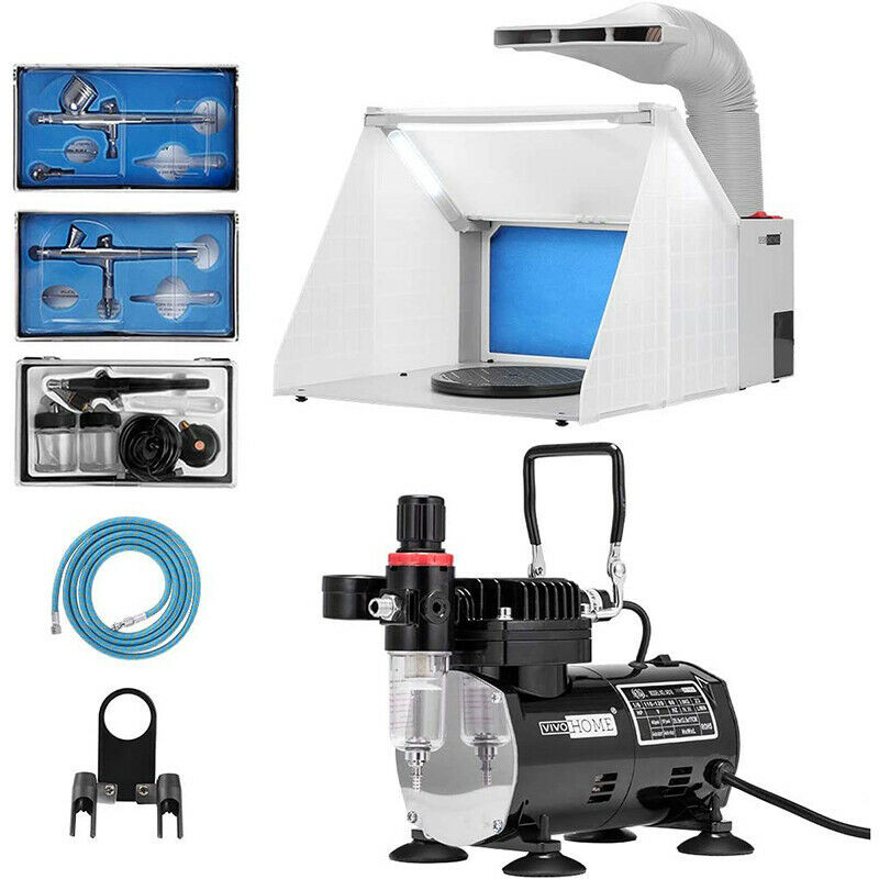 Professional Airbrushing Set Compressor Kit w/ Spray Booth Fan Filter for Hobby