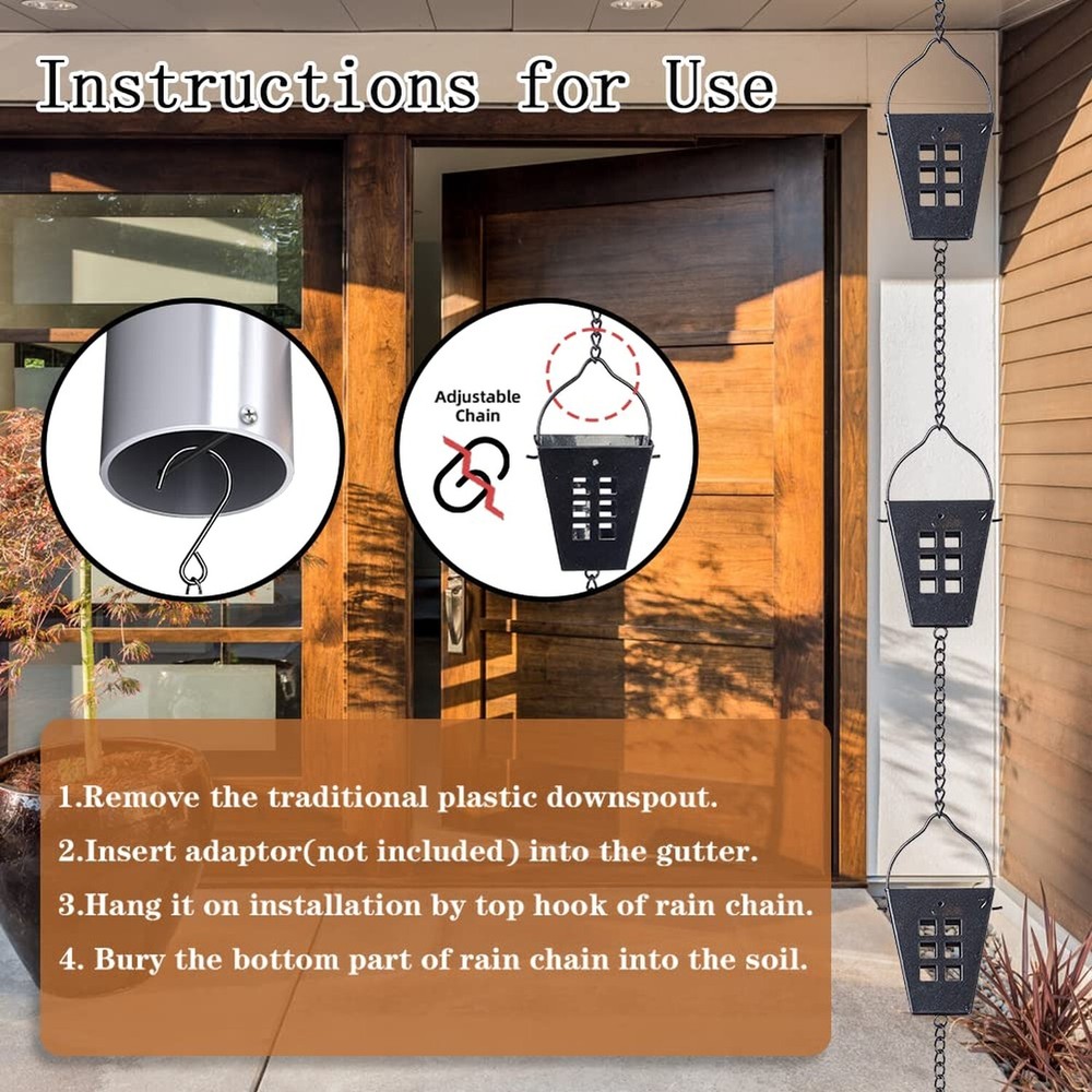 Square Rain Chain, 10 Ft Black Rain Gutter Chains with 12 Cups, Adjustable Ra...
