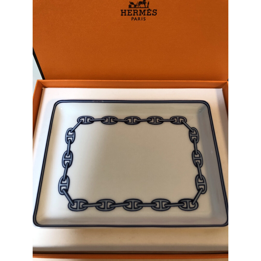 HERMES Paris Authentic Plate Chain D'ancre Blue Ashtray Porcelain Box Interior