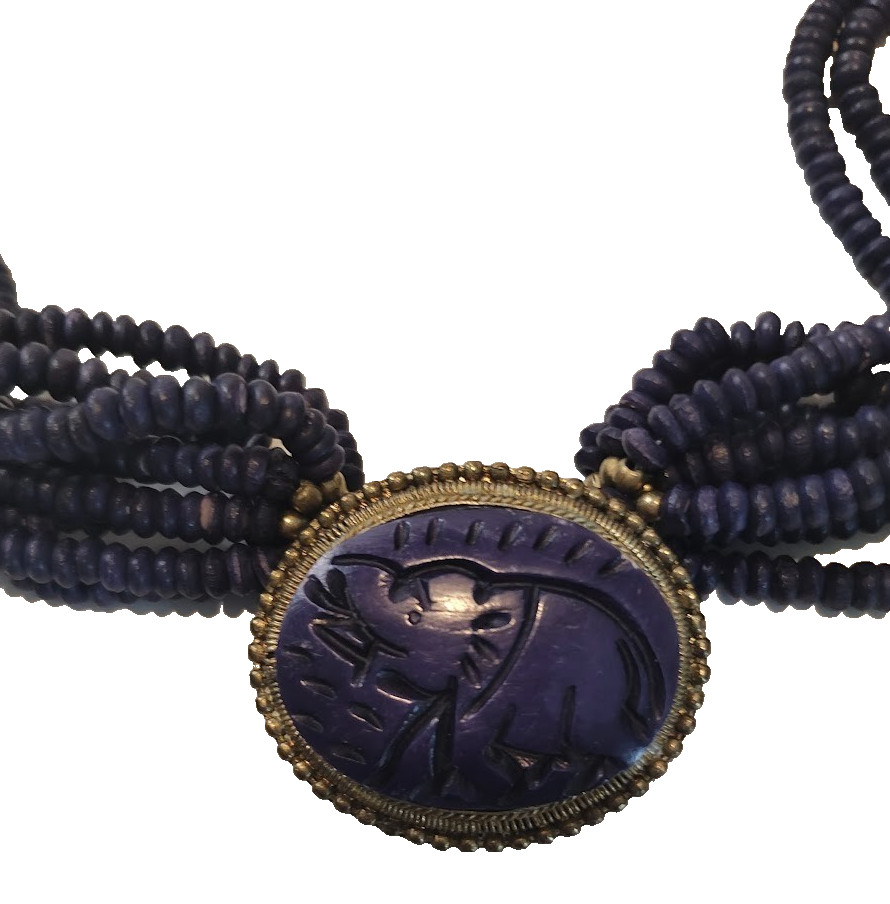 Multi Strand Seed Bead Carved Elephants Open Hook Necklace