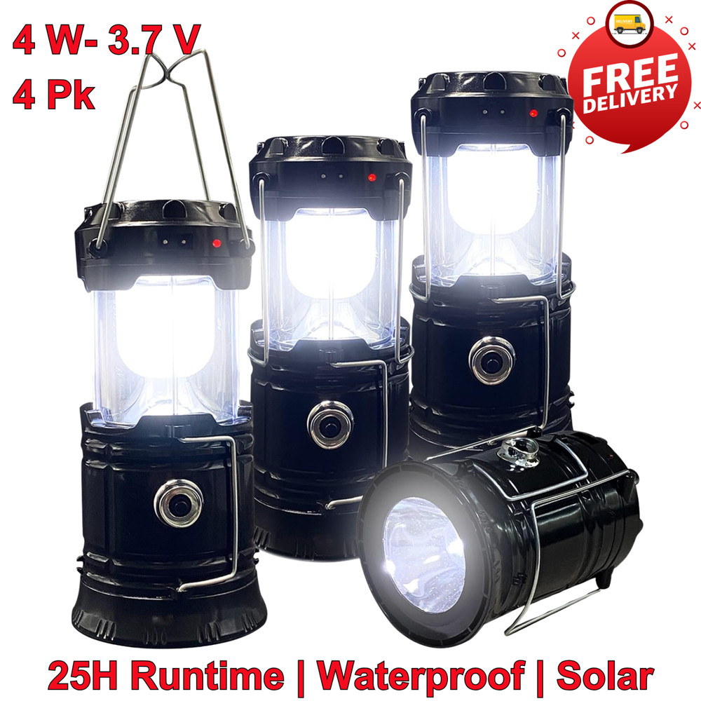 4 Pk Portable LED Camping Lantern, Flashlight Survival, Solar & USB Rechargeable