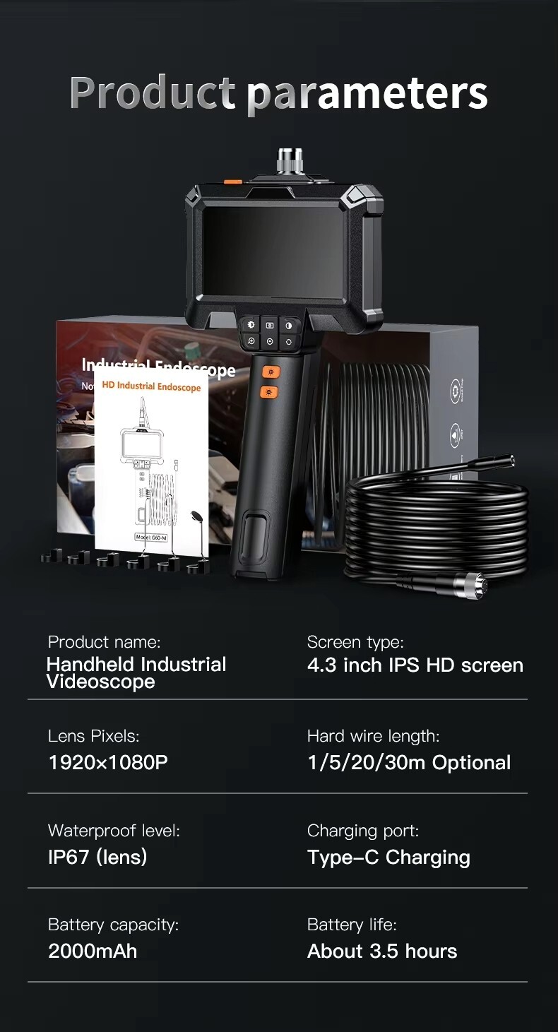 4.3" IPS 1080P HD Screen Handheld Industrial 5m Endoscope Camera Pipe Waterproof