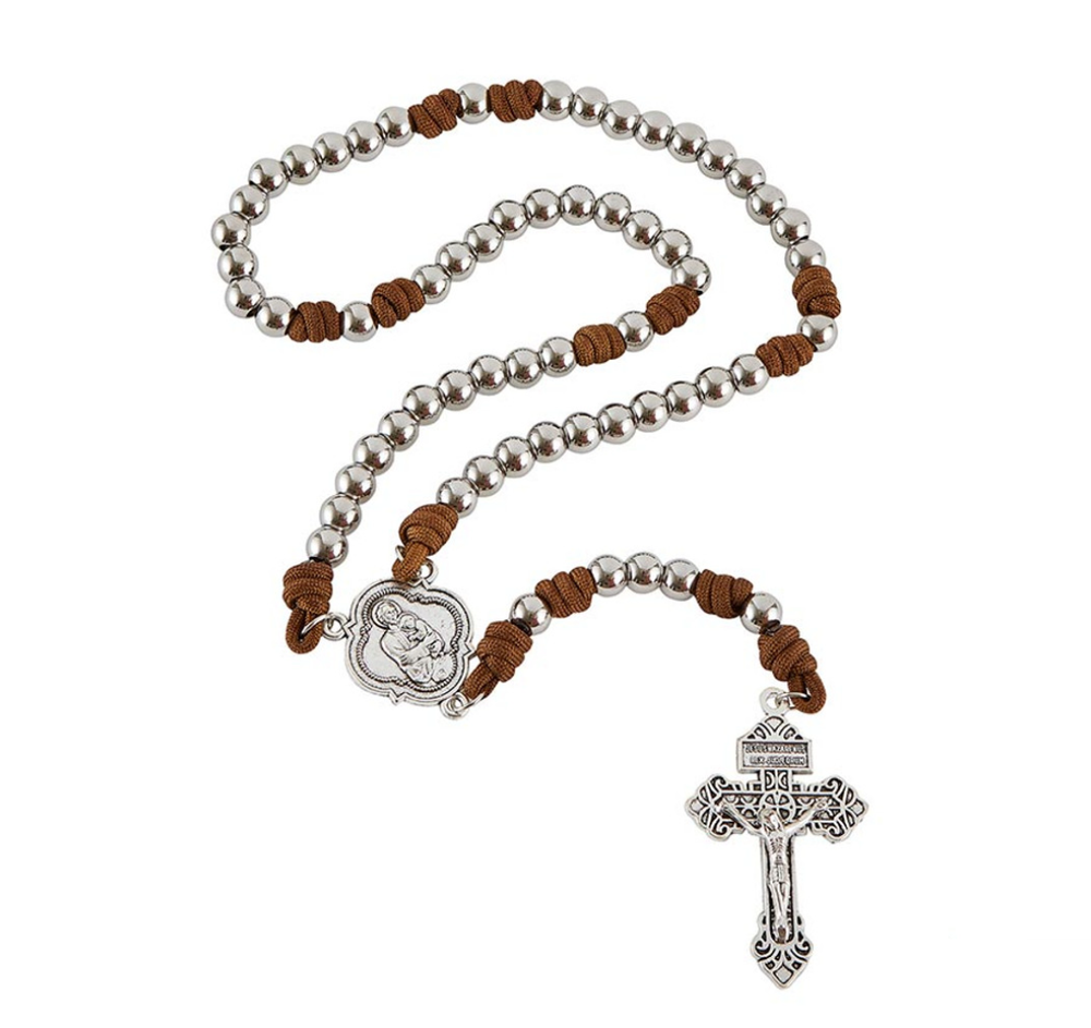 Brown St. Joseph Paracord Rosary Rugged Stainless Steel Catholic Men's Boy'