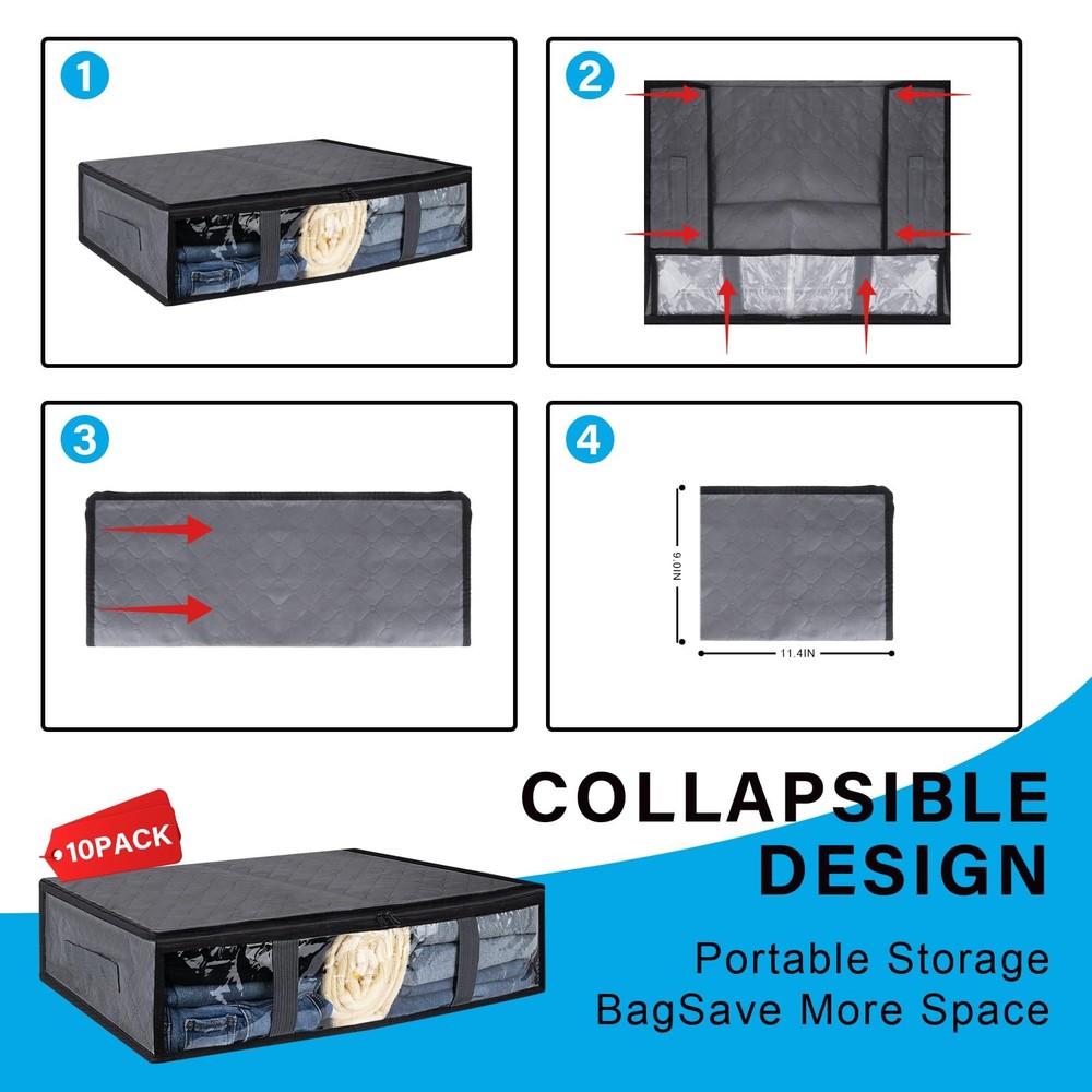 10 Pack Under Bed Storage Containers, Foldable, Clear Window, Handles, Bins