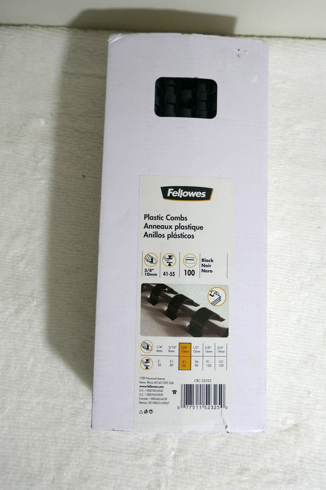 Fellowes CRC52322 Plastic Combs 3/8" Black Round 41-55 Sheets 100pk