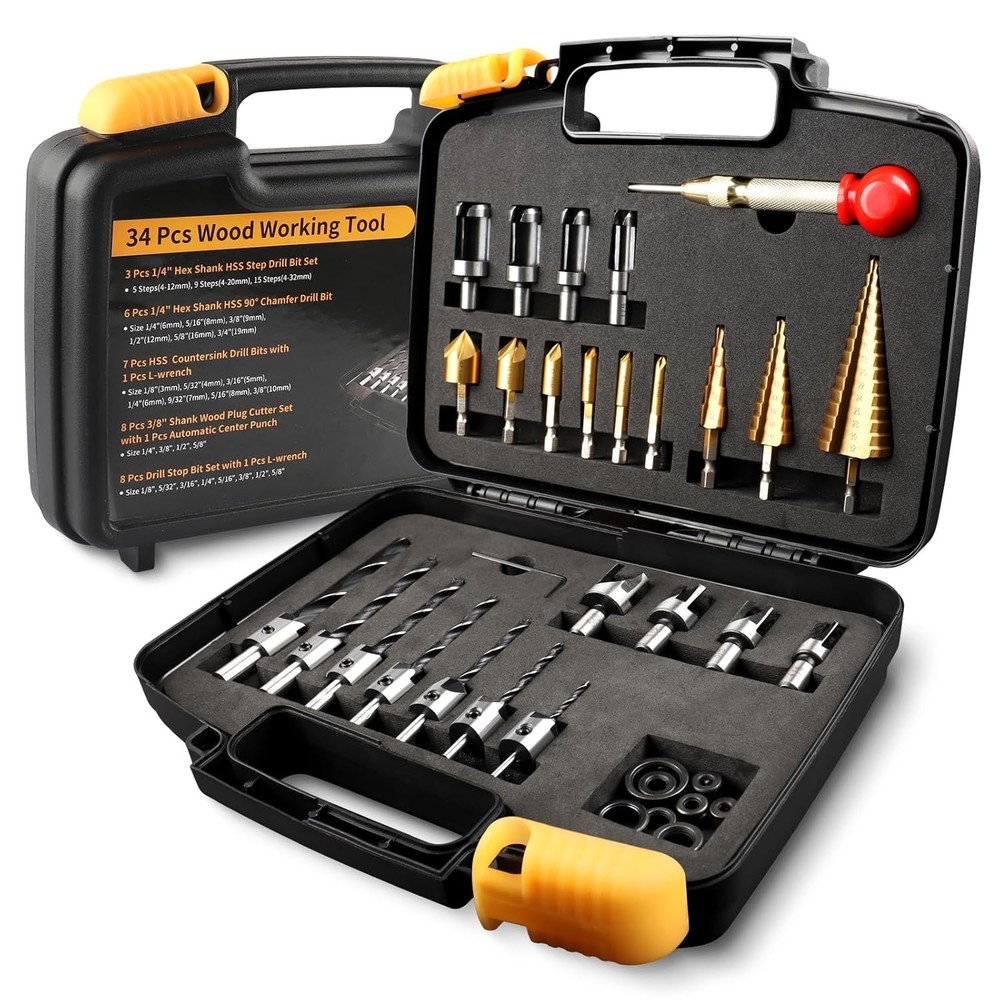 34 Pcs Woodworking Chamfer Drilling Tools Including 6 Countersink Drill Bit...
