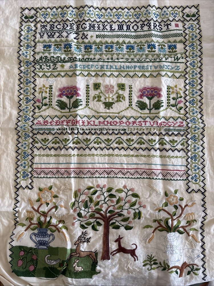 VTG Large Almost Completed Sampler 'The Chase' Framed CottageCore Embroidery