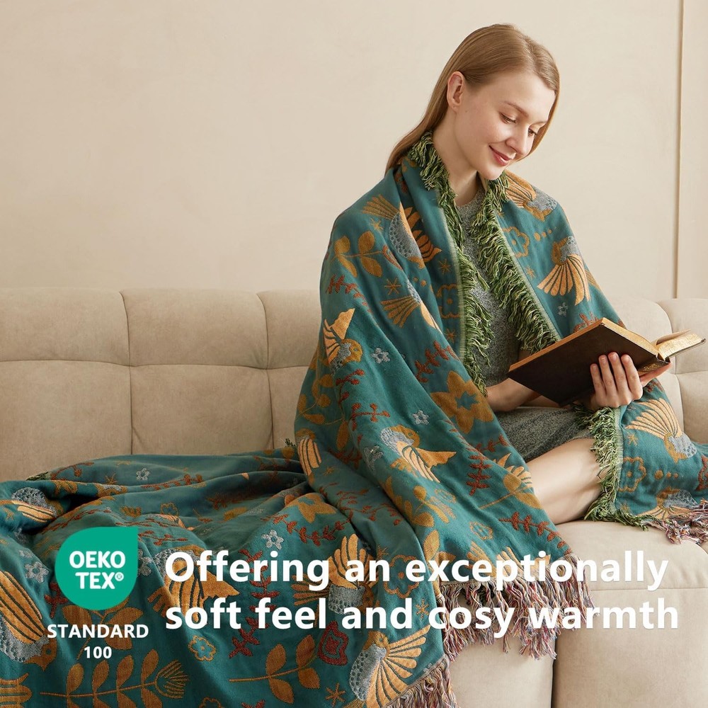 Boho Throw Blanket - 100% Cotton Soft 60x80, 03-spring Bird Blue