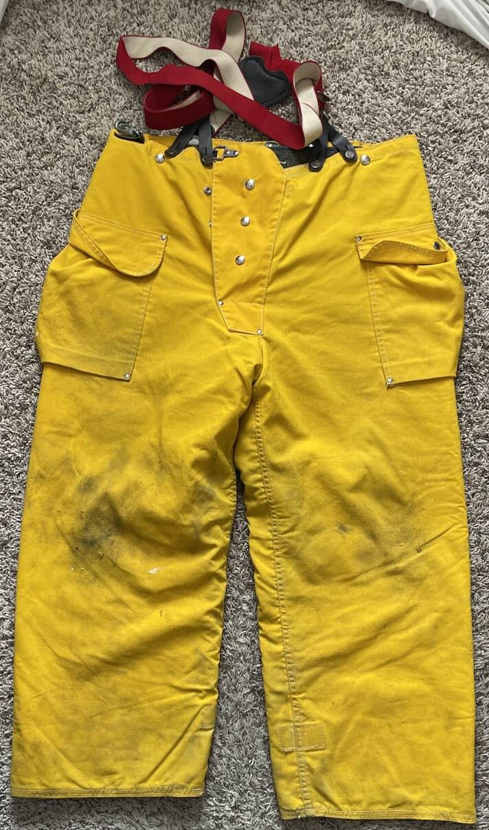 Vintage 70s Janesville Firemaster Lined NOMEX Yellow Suspender Pants Large VTG