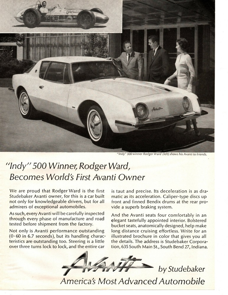 1962 STUDEBAKE AVANTI / ROGER WARD ~ ORIGINAL PRINT AD
