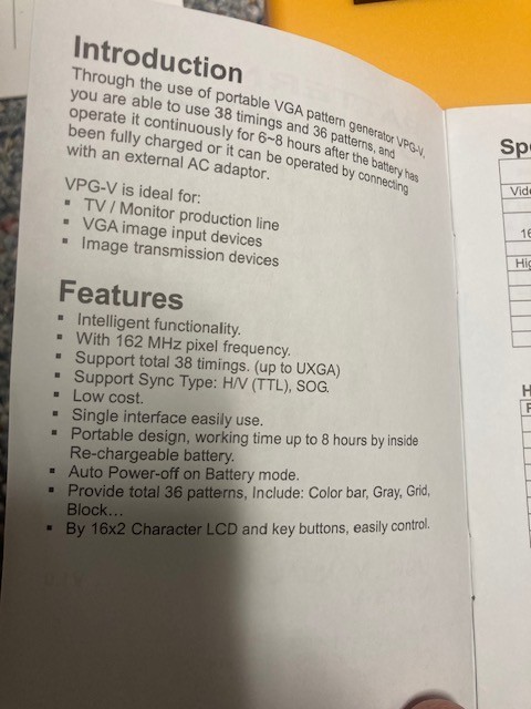 VGA Video Pattern Generator MODEL VPG-V with AC Adaptor, cables and manual