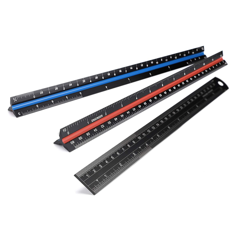 3 Pack 12 Inch Solid Aluminum Triangular Architect Scale Ruler Set, 3-Colors-Gro