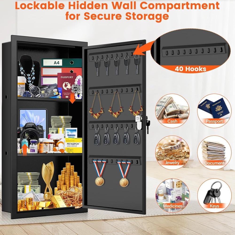 25.6" Tall Wall Safes Between the Studs, Lockable Hidden Safe Box with Hooks for