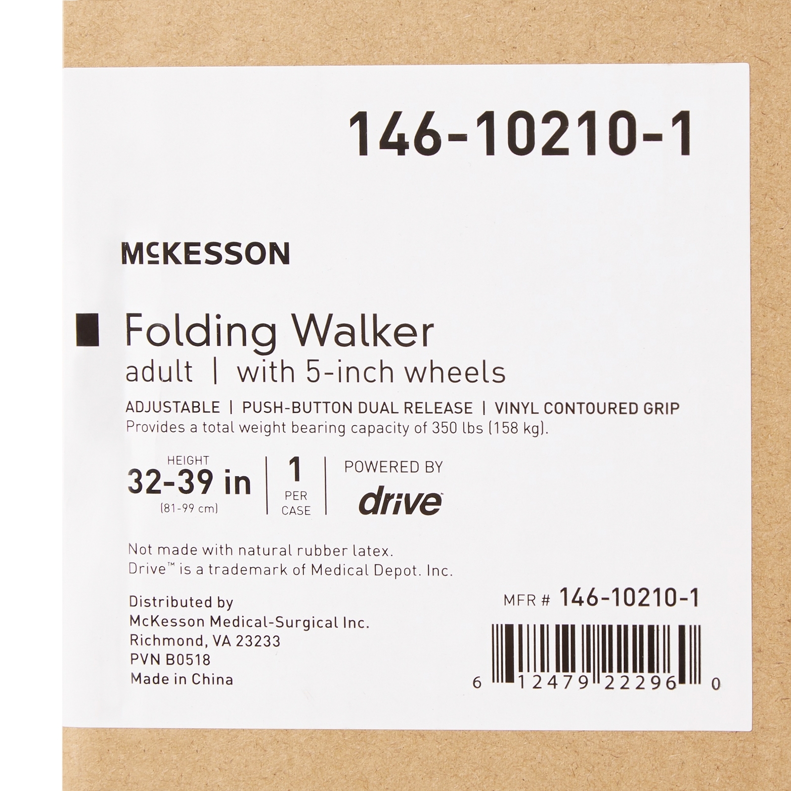McKesson Aluminum 32 to 39" H Dual Release Folding Walker with Wheels up to 350
