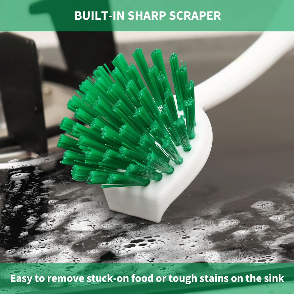 Dish Brush with Handle, 2 Pack Scrub Brushes with Built-In Scraper for Cleaning