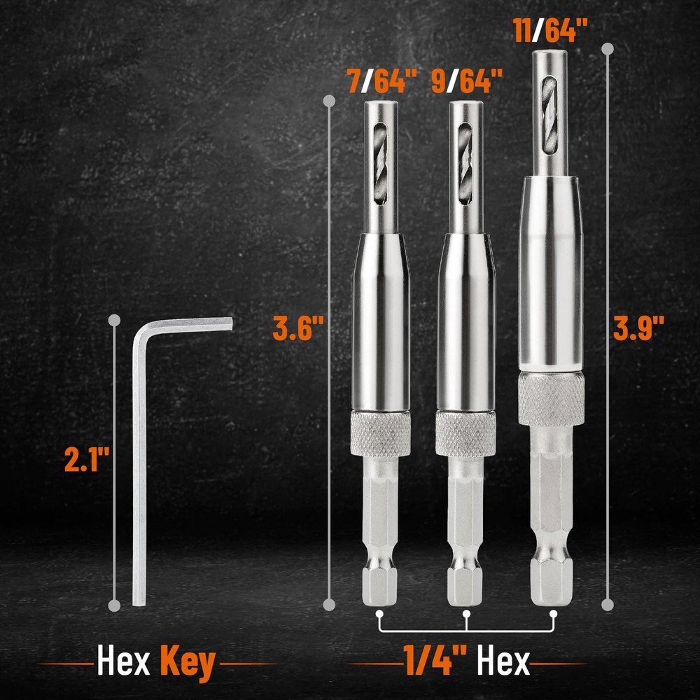 Bates- Self Centering Drill Bit Set, 3 Pack, 7/64", 9/64", 11/64", 1/4” Hex...