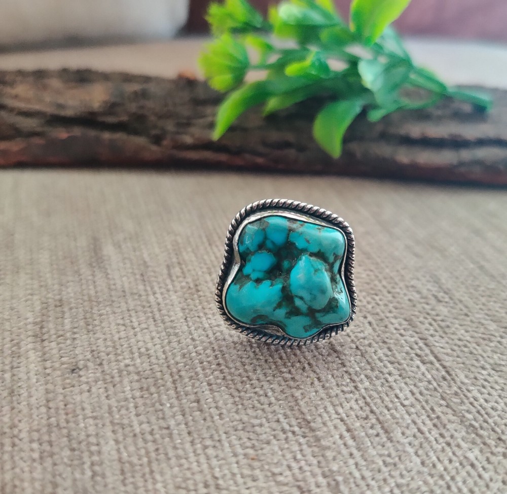 Faceted Turquoise Gemstone Ring 925 Sterling Silver Statement Handmade Ring