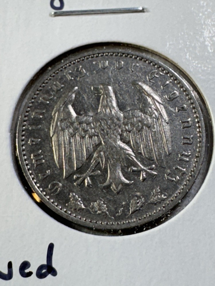 1934-J Germany 1 Mark Coin Cleaned
