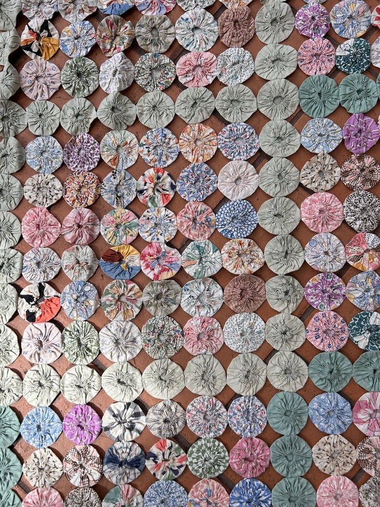 Antique Handmade Yo-Yo Quilt 64x94 Bedspread Patchwork Cottagecore