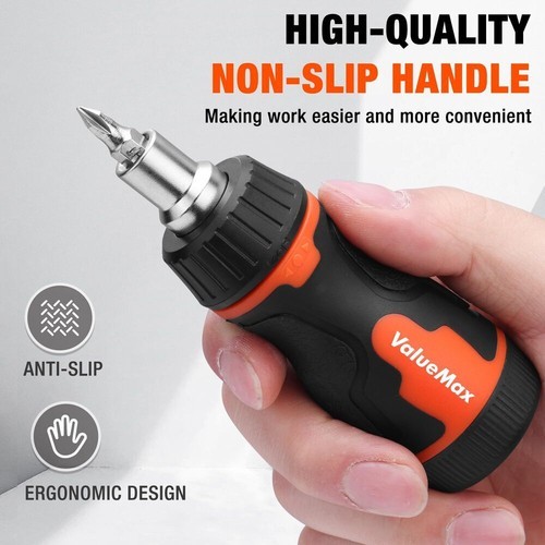 ValueMax 8-in-1 Stubby Ratcheting Screwdriver Multi-bit Screwdriver Quick-load