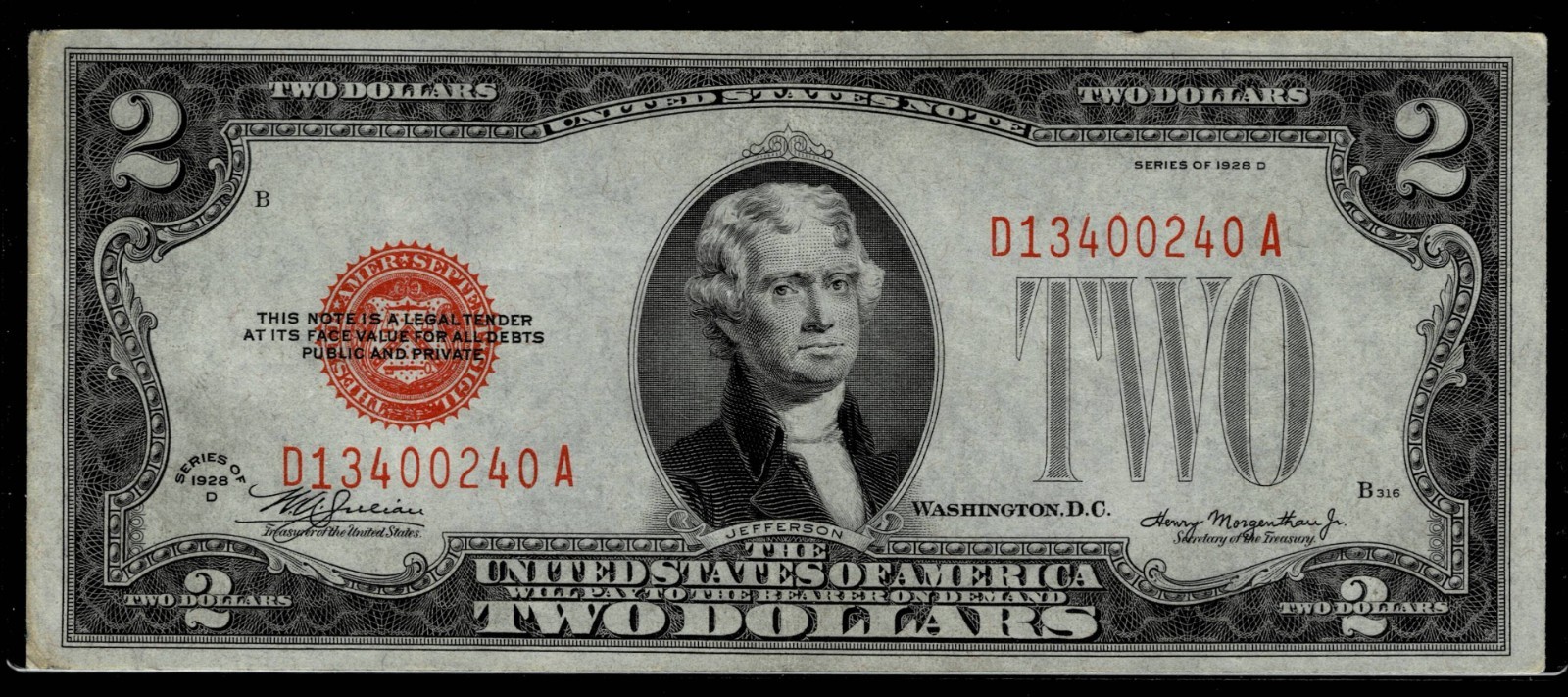 1928-D $2 Red Seal United States Note~ EXTREMELY FINE+