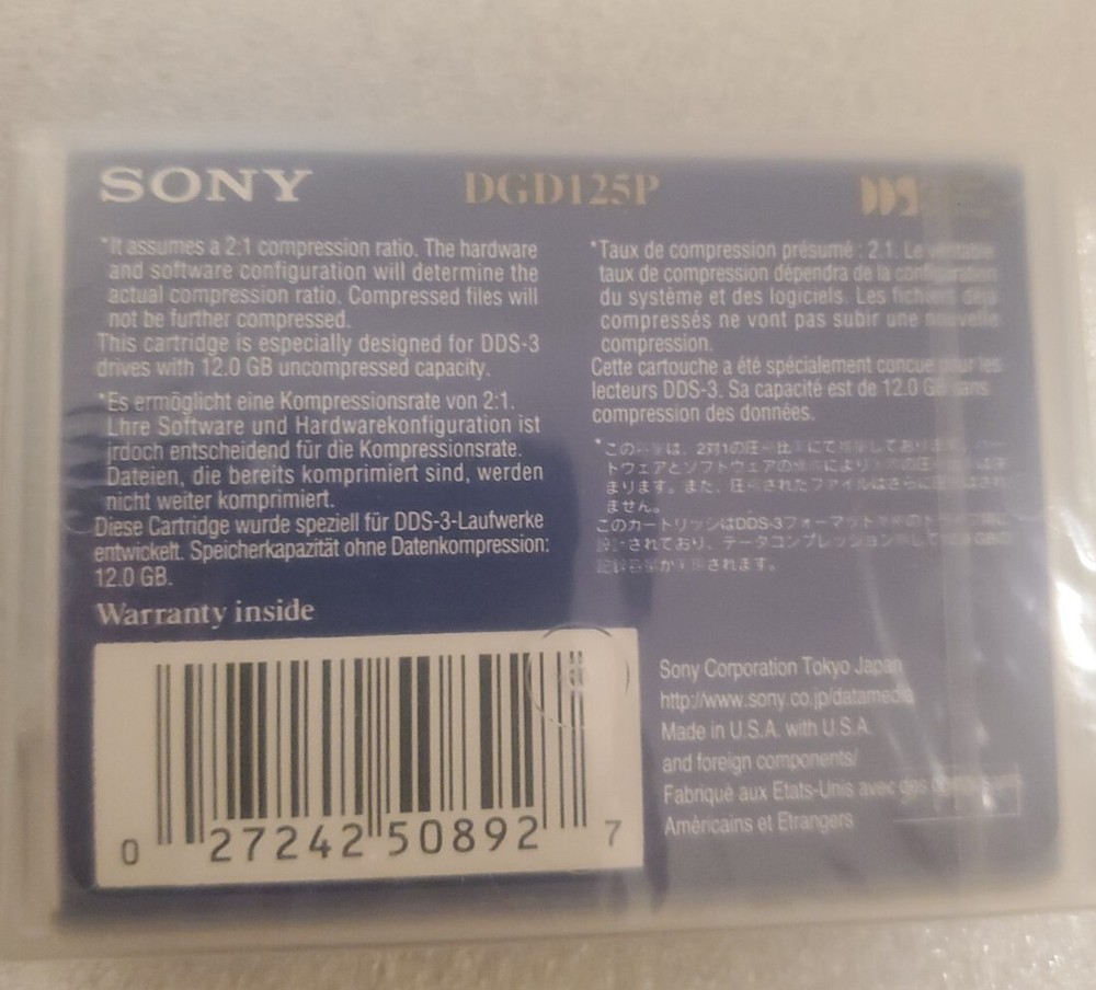 Sony 125P Premium Computer 12GB DDS3 Digital Memory Data Storage Cartridge.