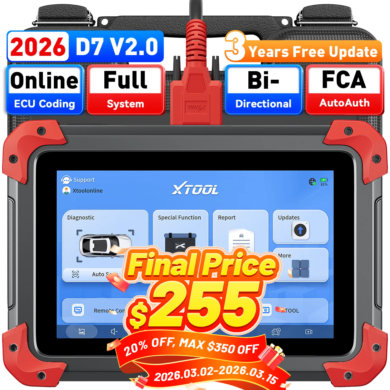2026 XTOOL D7 V2.0 Full System Diagnostic Bi-Directional Scanner Key Programmer