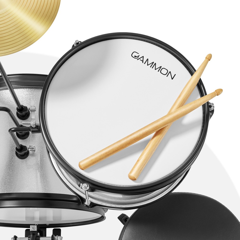 OPEN BOX - 3-Piece Junior Drum Set - Silver, Kit with Throne, Cymbal, Drumsticks