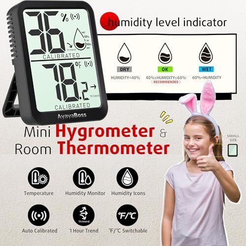 3 Pack Room Thermometer Indoor, Mini Temperature Humidity Meter 3 Pack - Black