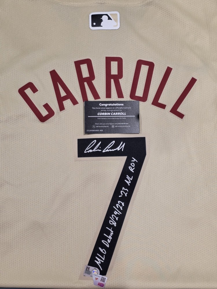 CORBIN CARROLL Under Wraps Signed Jersey Inscribed "MLB DEBUT" "NL ROY"