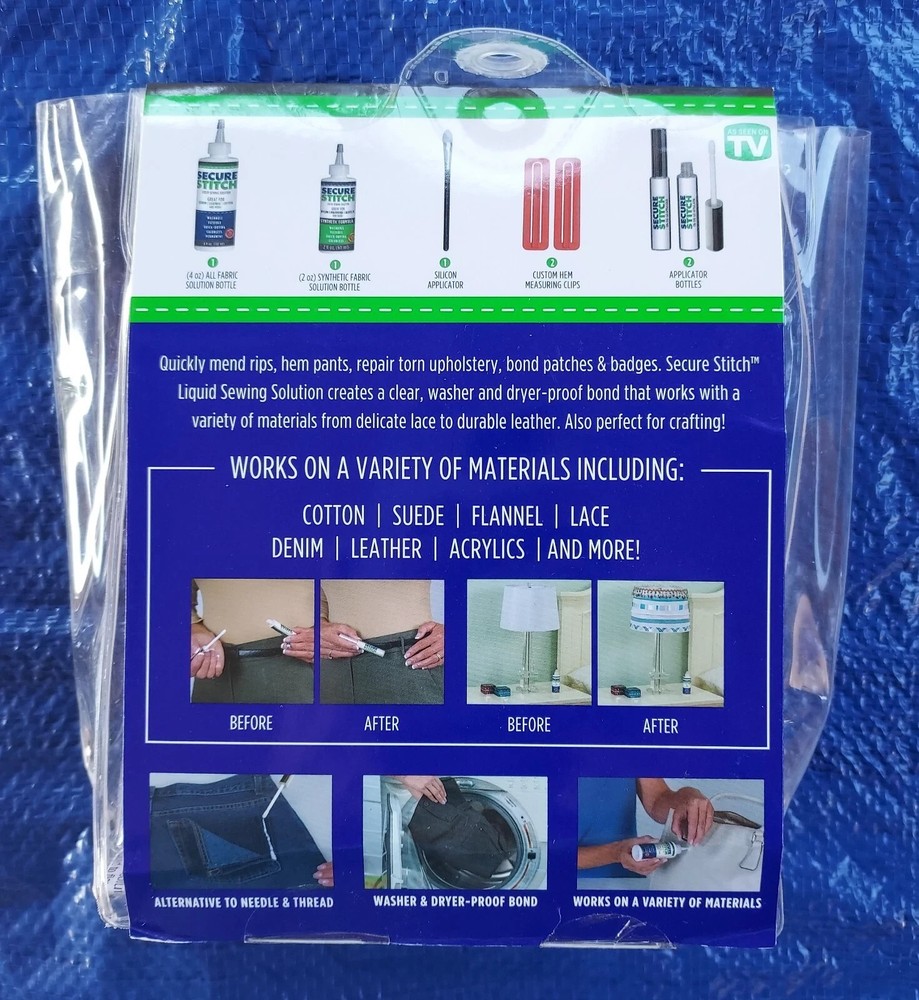 Secure Stitch Liquid Sewing Solution 7 Piece Kit Fabric Glue That Quickly Mends!