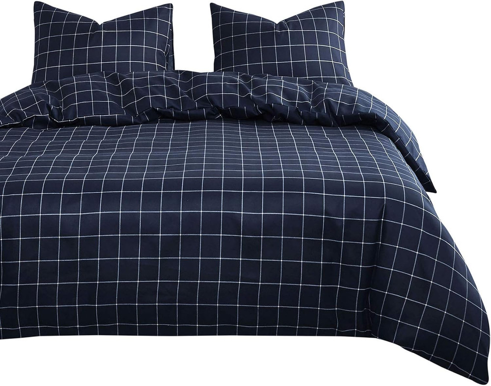 - Grid Comforter Set, Preppy Geometric Plaid Checkered Modern Pattern Printed, S