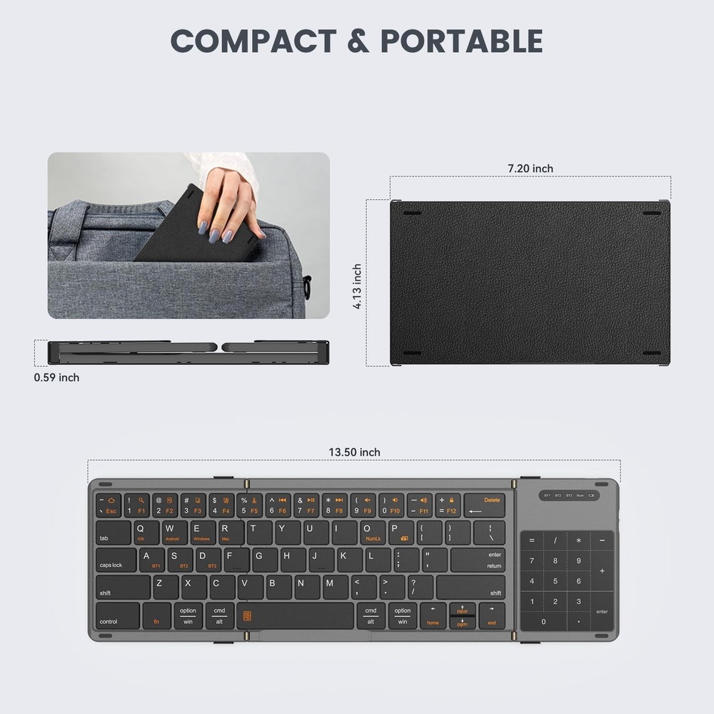 Foldable Bluetooth Keyboard, Portable Full Size Folding Keyboard with Touchpa...