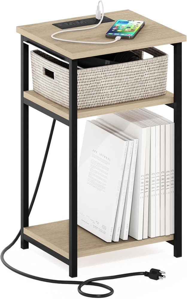 TIDUR Side Table Modern Drawer End Table W/ Charging Station Night Stand Bedside