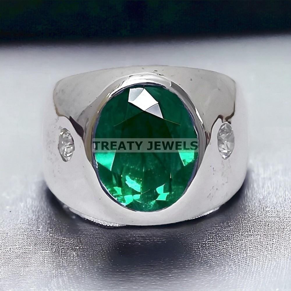 Emerald Oval Cut Gemstone With 14K Solid White Gold Ring For Men's #596