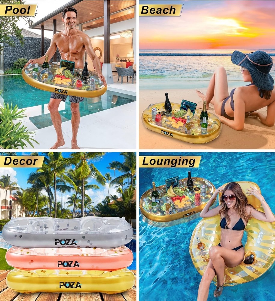 Gold Inflatable Pool Cooler Float with 8 Drink Holders Sparkly Confetti