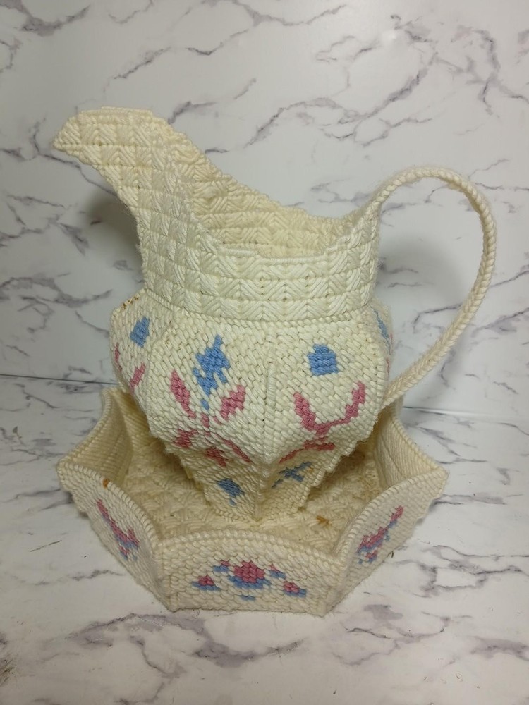 Needlepoint on Plastic Canvas Pitcher Vase With Basin Home Decor VTG
