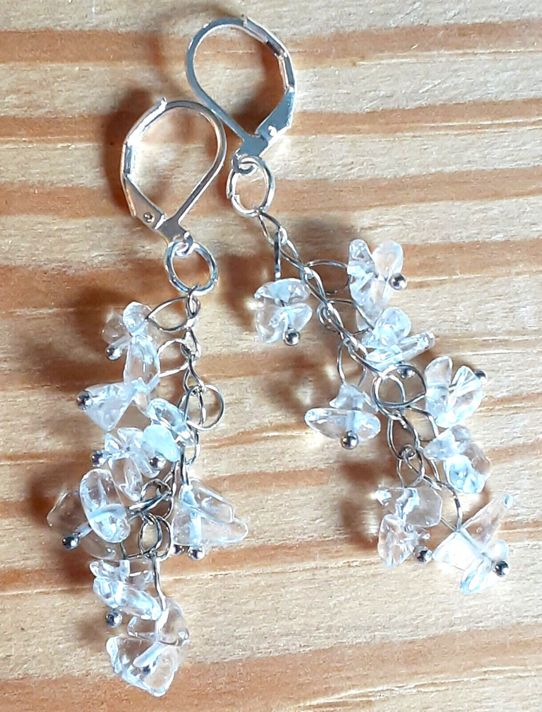 CLEAR QUARTZ CHIPS GEMSTONE dangle earring SP LEVERBACK handcrafted WPGD18
