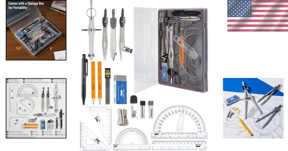 Professional Grade Geometry Set - Swing Arm Protractor & Metal Tools Included