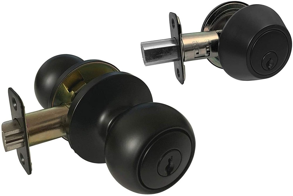 Black Entry Entrance keyed Round door knob Knobs with Single Deadbolt Lock Locks
