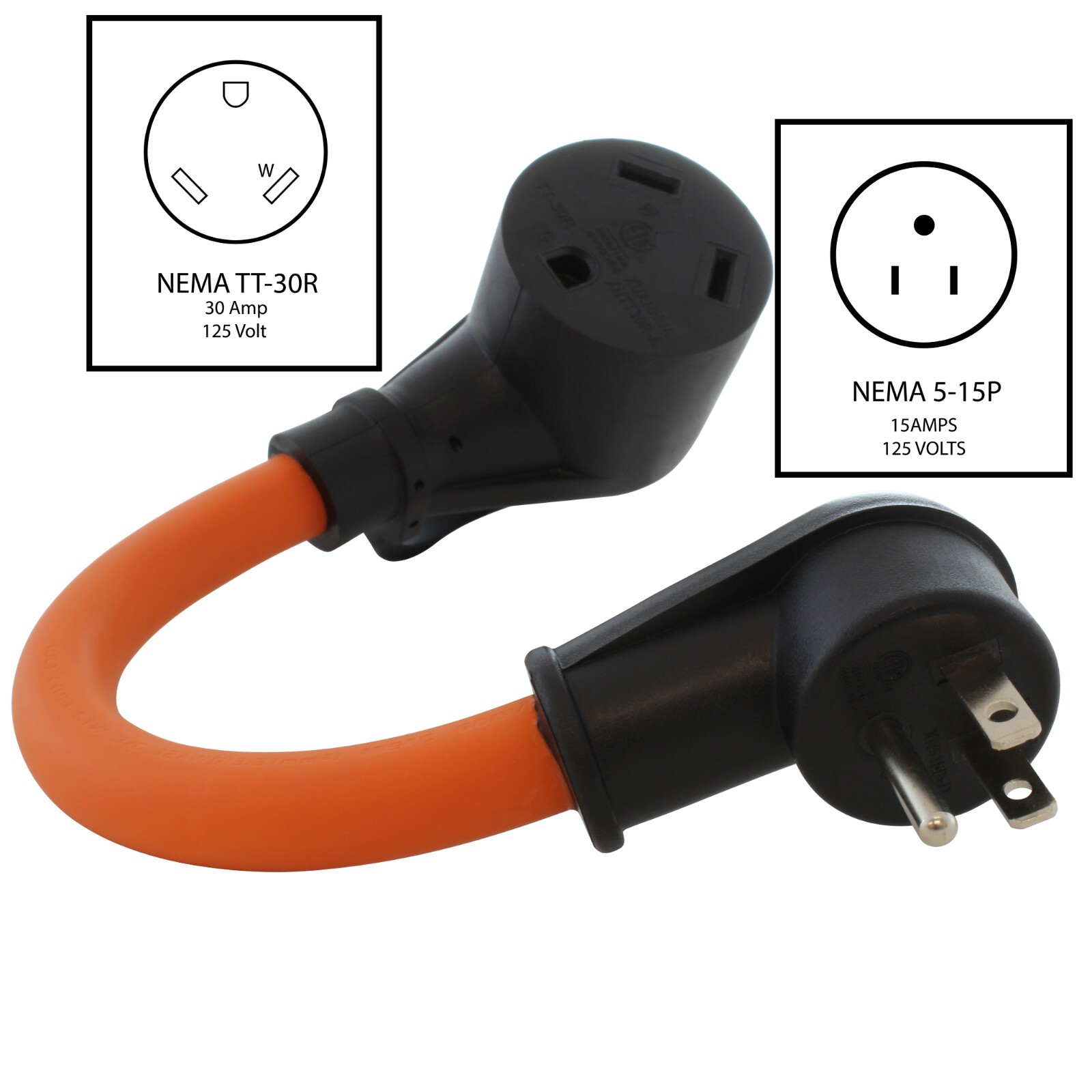 1ft 15 Amp NEMA 5-15P to NEMA TT-30R 30 Amp RV Plug Adapter by AC WORKS®