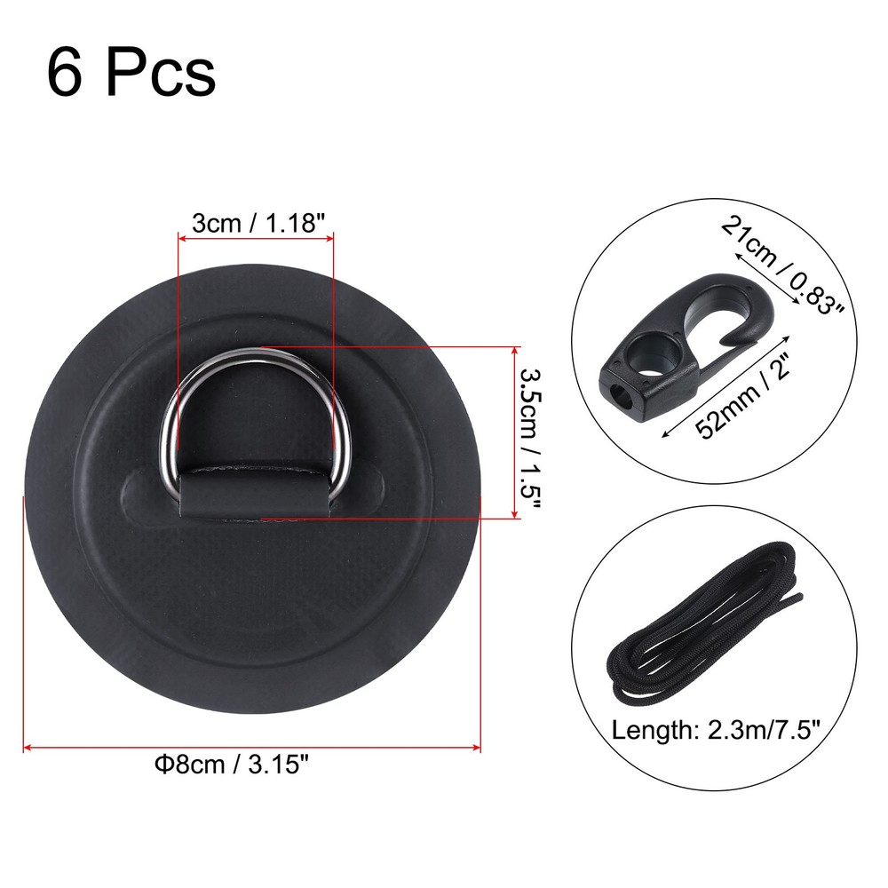 6Pcs Stainless Steel D-Ring Patch Patch with Elastic Cords and Hooks Black