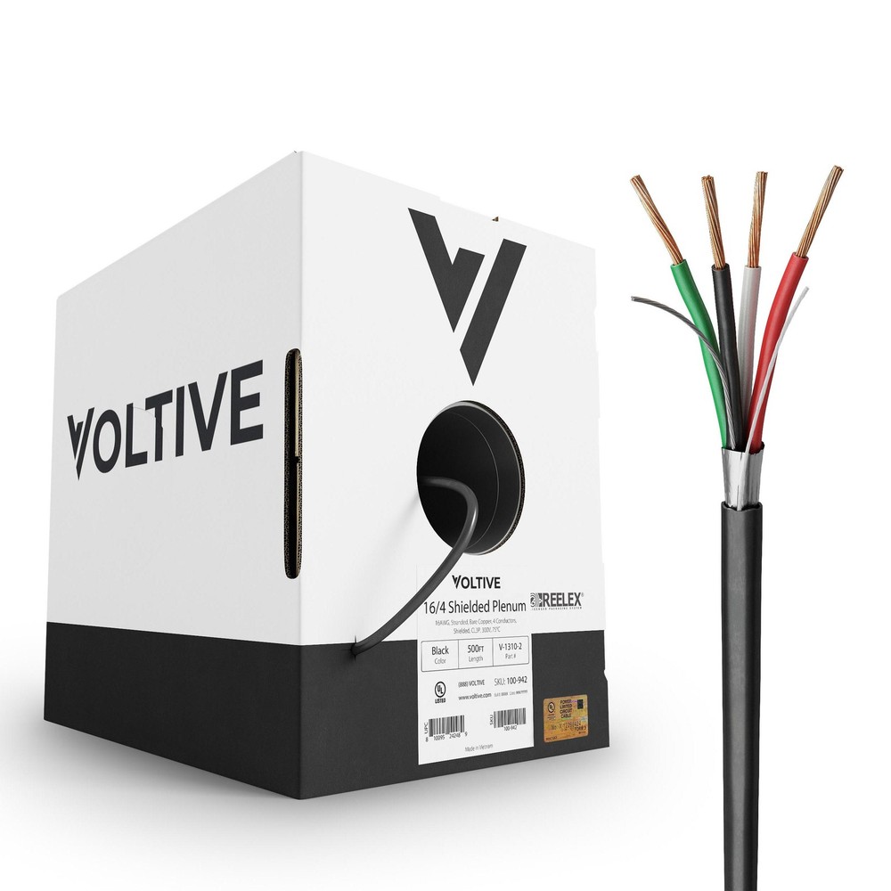 Voltive 16/4 Shielded Low Voltage Wire, Plenum CL3P, Black, 500ft