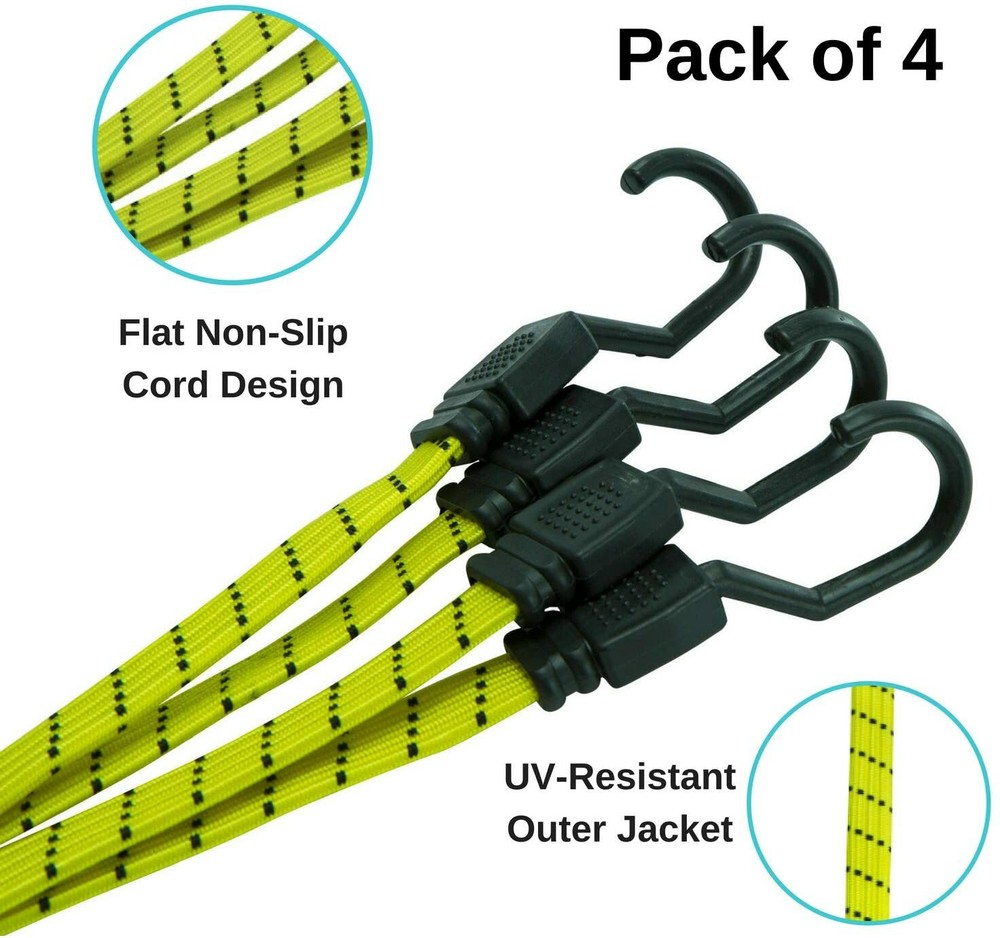 Houseables Bungee Cords with Hooks, 4 Pack, 48" Long, Yellow, Flat, Adjustable