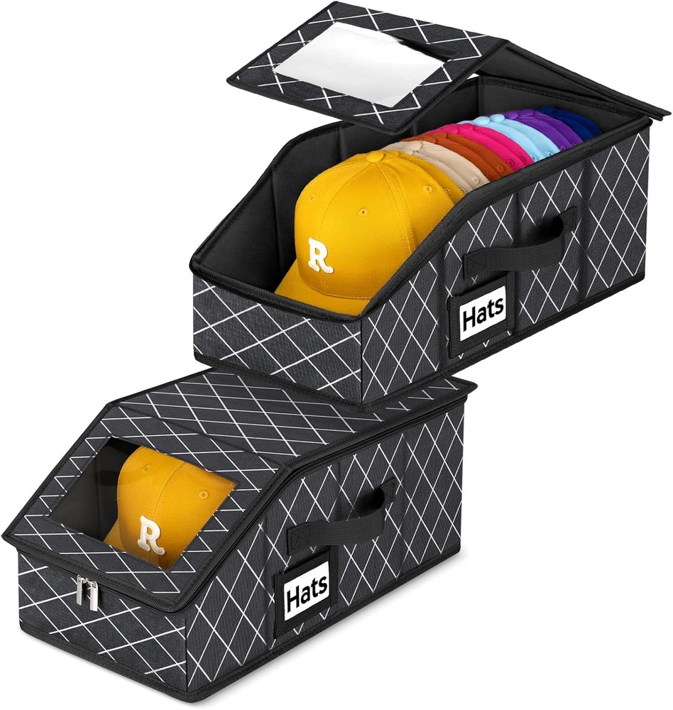 2 Pack Stackable Hat Storage Baseball Caps Holds 28 Caps Closet Organizer Box W/