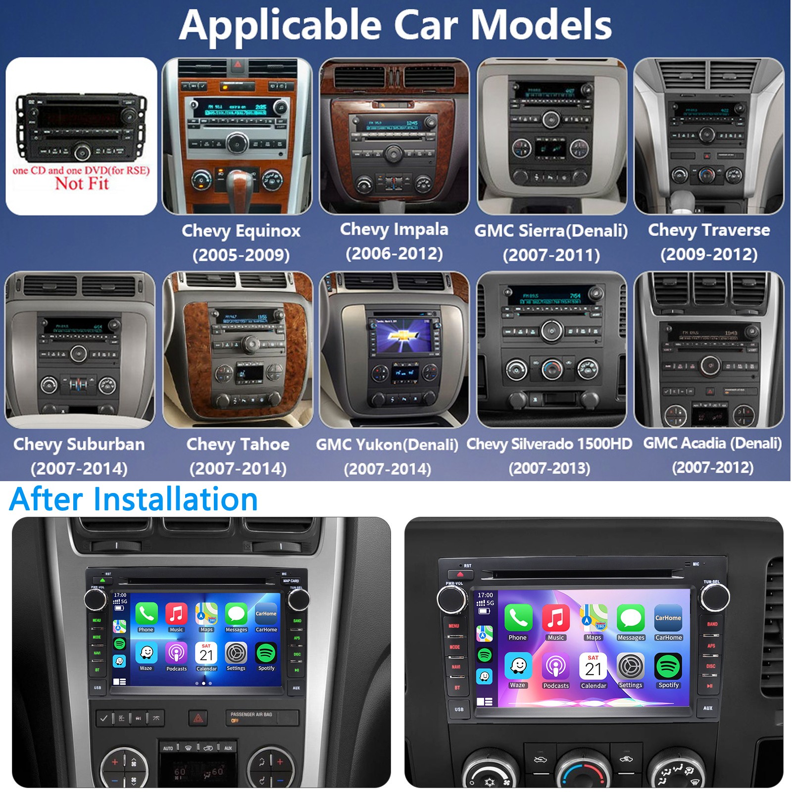 Car Radio Stereo DVD Apple Carplay For Tahoe Yukon Silverado Traverse 2007-2013