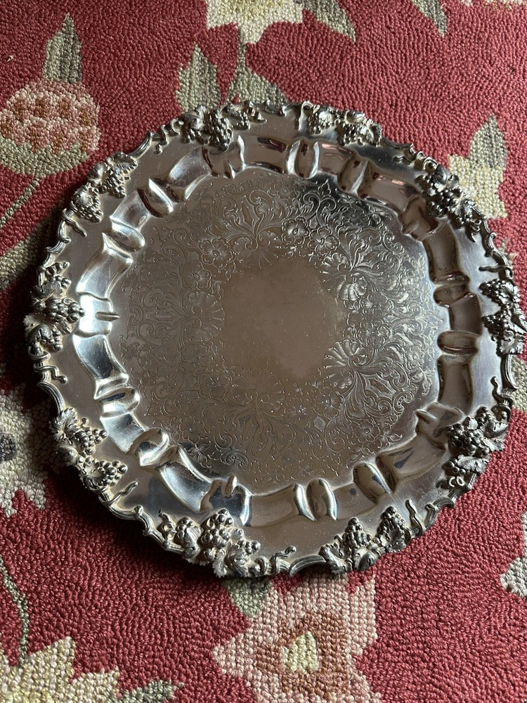 Antique Barbour Silver Plate Co Round Serving Tray Grape & Vine #5610 13”