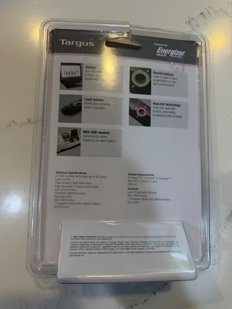 Targus Laser Presentation Remote w/ Laser Pointer Backlit Buttons & USB Receiver