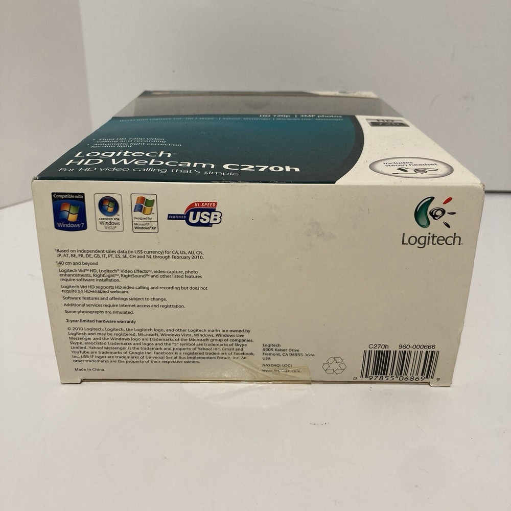Logitech HD Webcam C270h Headset Built in Microphone Computer PC Video Camera